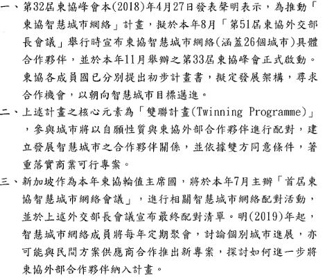 新加坡媒體報導指出，東協擬於本（2018）年11月正式啟動「東協智慧城市網路」計畫